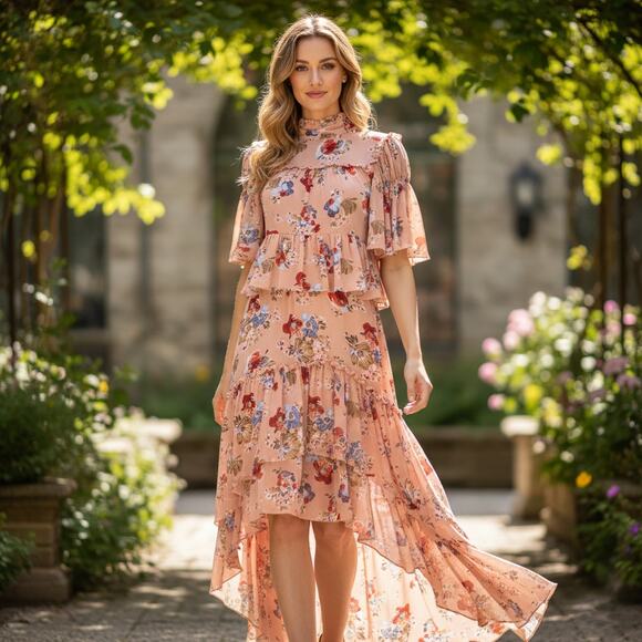 Cinq a Sept Jamie Dress in Bare Rose Floral ruffle Tiered size 0